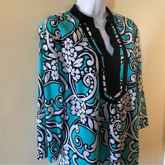Vintage Covington Teal Black & White Floral Polyester Blouse Size L Large Long - Picture 3 of 10